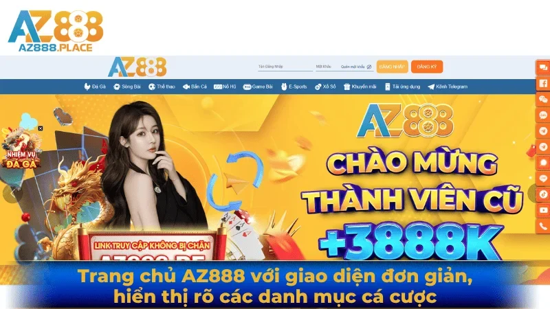 Trang chủ AZ888 với giao diện đơn giản, hiển thị rõ các danh mục cá cược